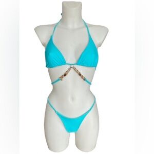 Aqua Blue 2 Piece Bikini with Gold Chain w/ Charms and Crystal Adornments Smalll